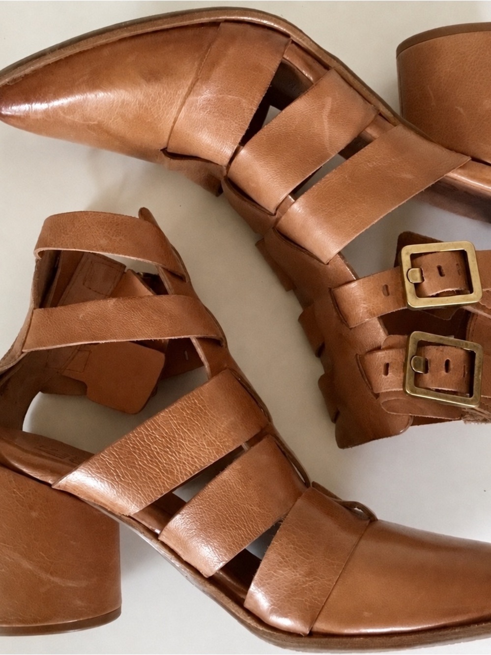 A.S.98 Cognac Brown Strappy Leather Block Heel Sandals